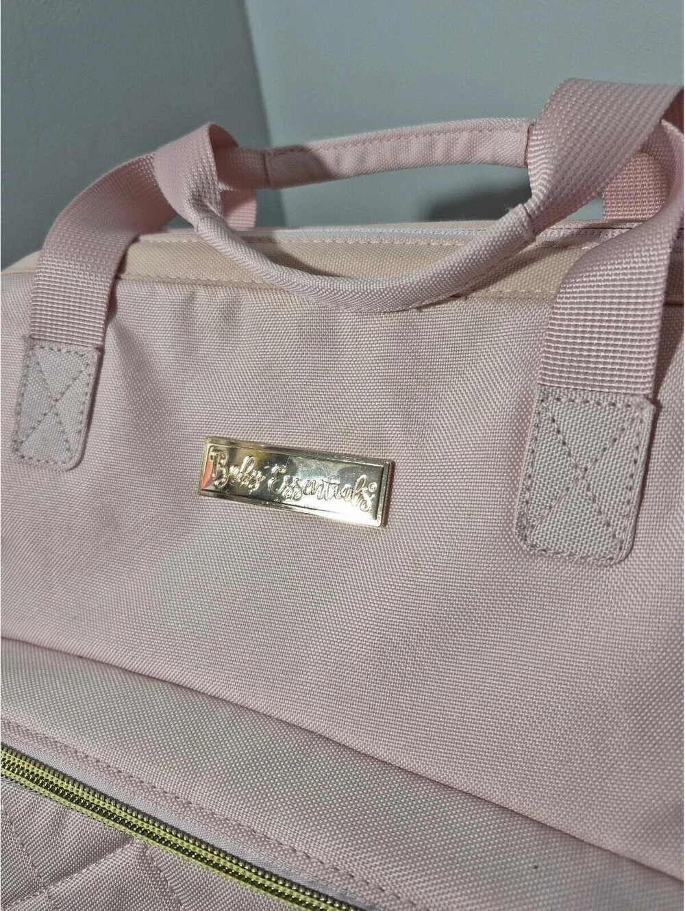 Baby Essentials Pink Diaper Bag Backpack Insulated Bottle Pockets Gold Tone